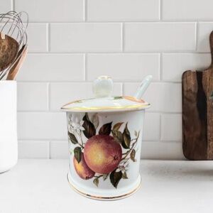 Fortnum and Mason Porcelain Sugar Pot & Spoon. Orange Tree Pattern w/ Gold Trim